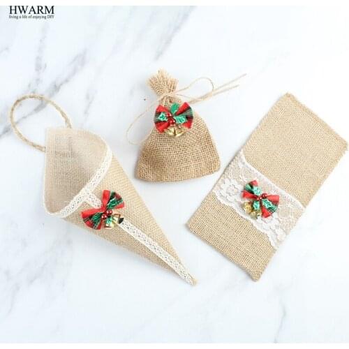 12pcs/lot Bow Bells lace burlap jute Hessian Pew Cone Flower Holder Tableware bags candy box Christmas rustic wedding decoration