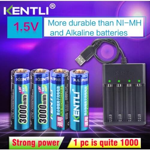 4pcs KENTLI AA 1.5V 3000mWh polymer lithium li-ion rechargeable batteries battery+4 slots USB li-ion battery charger