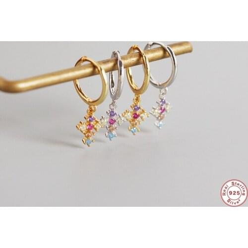 GS 925 Sterling Silver Fine Jewelry Luxury Sparkling Colorful Cross Hoops Earring For Woman Girls Lovers' Rainbow Pendientes