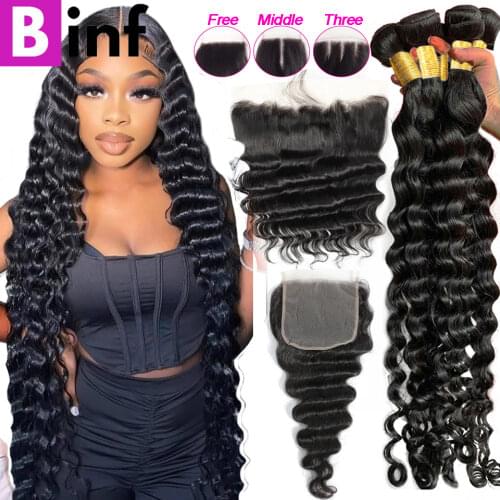32 34 36 38 40 Inches Loose Deep Wave Bundles with Frontal Peruvian Remy Hair 3/4 Bundles With Closure and Frontal Natural Black