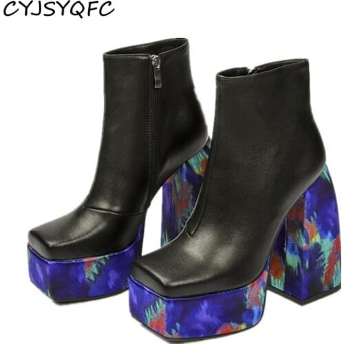 New Genuine Leather Painting Print Square Toe Platform Ankle Boots Antumn Side Zipper Thick Bottom High Heels Women Riding Boots