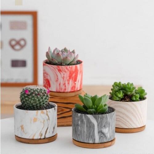 Colorful Marble Flower Pot with Tray Nordic Ceramic Round Green Plant Succulents Pot with Hole Home Office Desktop Mini Decor