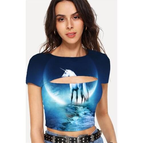 Somepet Unicorn T shirt Women Moon T-shirts 3d Animal Shirt Print Harajuku Navel Bare Short Sleeve Punk Rock Fashion Streetwear