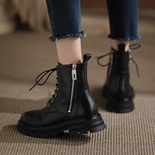 GUIDIBASIC 2021 Martin Boots Genuine Leather Platform Shoes Round Toe Flat Boots Womens Snow Boots