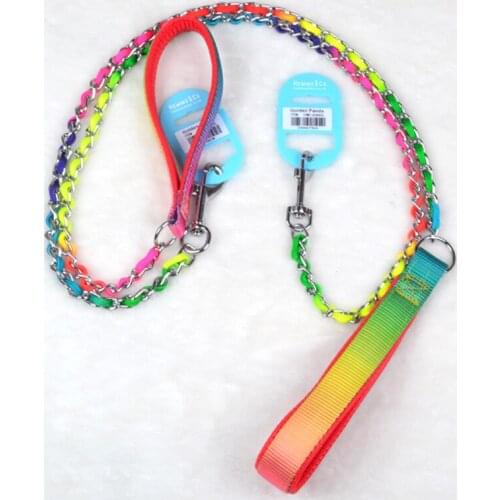 PU Leather Dogs Leashes Colorful Metal Chain Traction Rope Pet Rainbow Handle Leash Puppy Yorkie Cat Outdoor Walking Leash