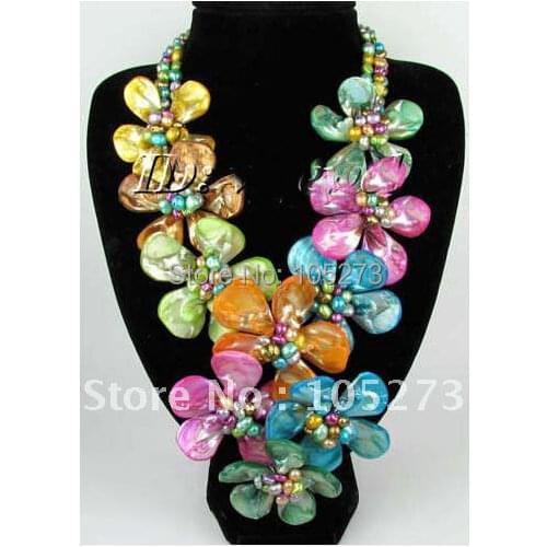 Beautiful Multicolor Genuine Pearl & Natural Shell Flower Necklace / Earring Jewelry Set Fashion Flower set Free Shipping FN1594