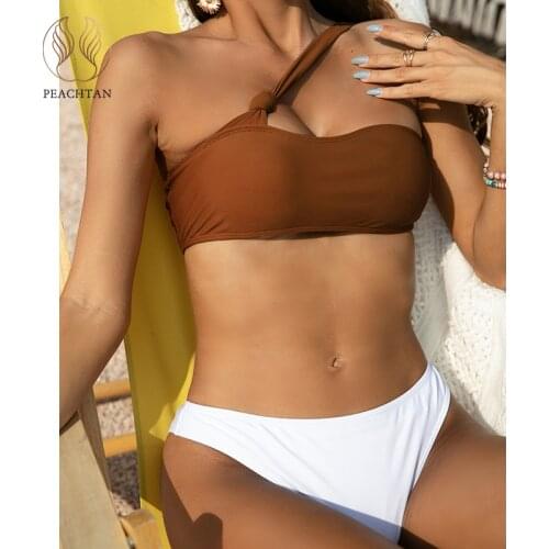 Peachtan One shoulder swimsuit women Bandeau bikini 2021 Solid swimwear female Sport bathing suit Sexy beach wear biquini summer