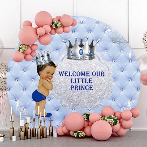 Laeacco Welcome To Our Little Prince Sliver Crown Blue Heardborad Baby Shower Birthday Party Circle Backdrop Round Background