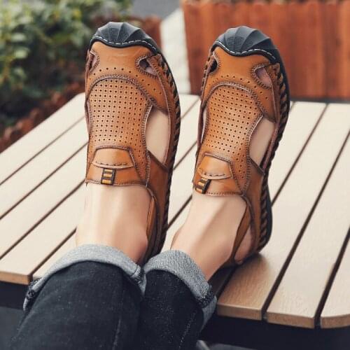 Summer Mens Leather Casual Sandals Shoes Hollow Out Slip On Non Slip Big Size Black Brown Beach Shoes J34