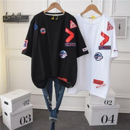 Summer Long Embroidery Oversized T Shirt Short Sleeve 2021 Plus Size Female Crewneck Sequins Streetwear Tunic Tee Tops