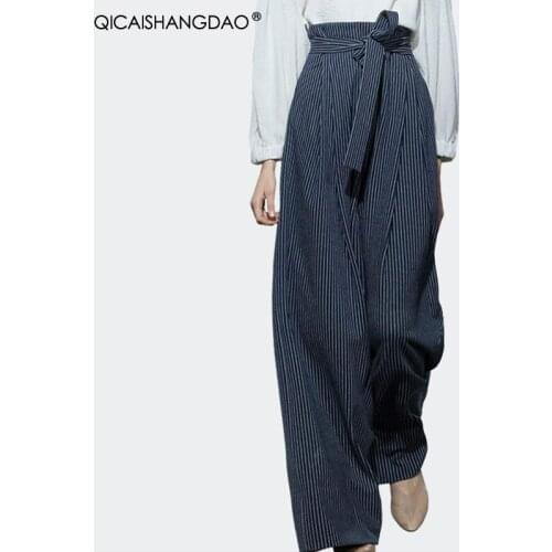 Fashion Blue Striped Wide Leg Pants Women 2020 Autumn New Western Style New Straight Drawstring Long Trousers Loose Plus Size
