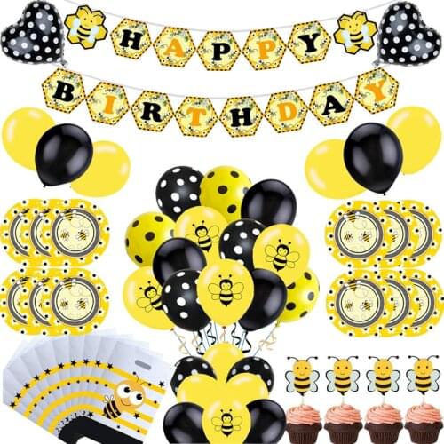 Wasp Bee Theme Party DIY Supplies Kids Birthday Party Decorations Cup Flag Sticker Balloon Garland Disposable Tableware Supply