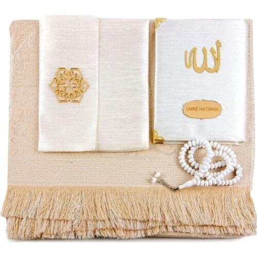 White Gold Prayer rug set 4pcs muslim set arabic Islam Mawlut Umrah gift Sijadat prayer carpet Yasin i Sharif rosary seccade