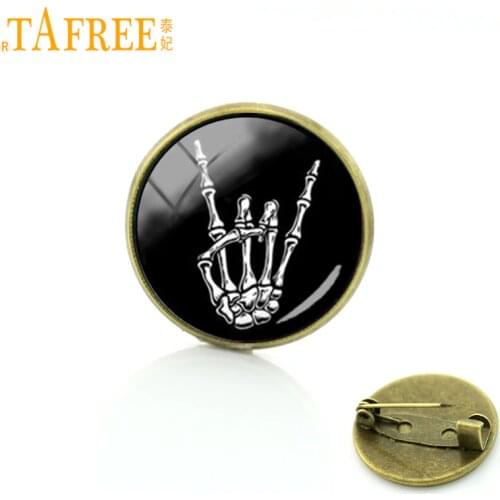 TAFREE Novelty Interesting Bony Rock Hand brooch hand silhouette pin vintage Bony Rock Hand Art Glass Cabochon Dome badges T277