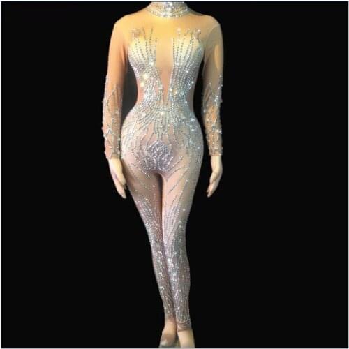 New design Silver Rhinestones Nude Jumpsuit Sexy Performance Bodysuit Female Singer Rompers Wear Dance Wear Stretch