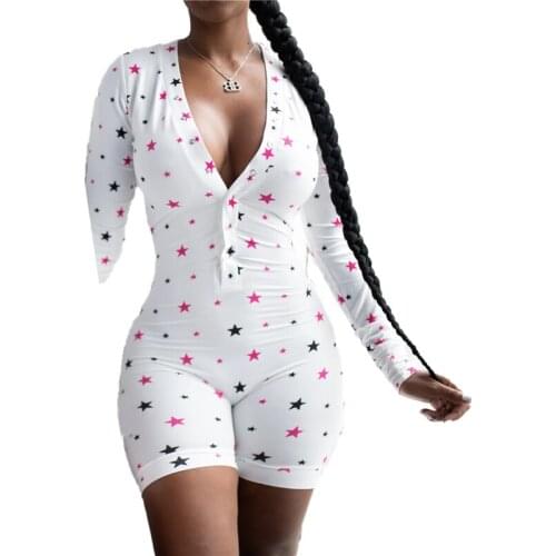 Xingqing Sexy Star Print Jumpsuit Women Casual Long Sleeve Button-down Front Buttoned Playsuit Adults Playsuit Pajamas Homewear
