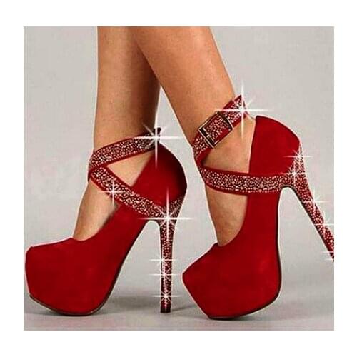 Sexy fashion red (black) diamond suede high-heeled shoes decorated buckle 16 cm, four womens high heels. Size: 35-43