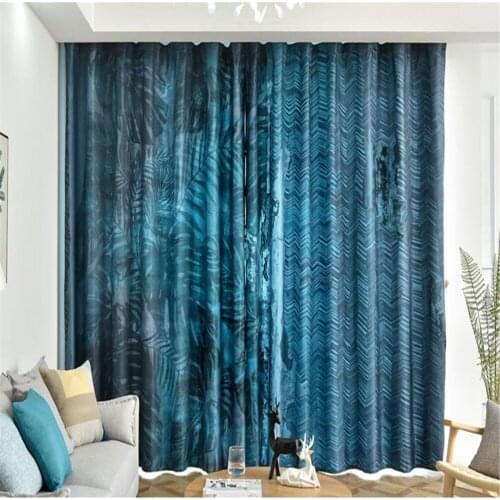 Blue leaf curtains printed blackout curtains bedroom study balcony curtains Blackout curtain