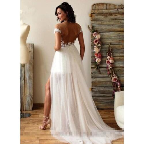 Wedding Dress Elegant Lace Beach Wedding Dresses Boat Neck Vestido De Noiva Off Shouler Train Wedding Gowns