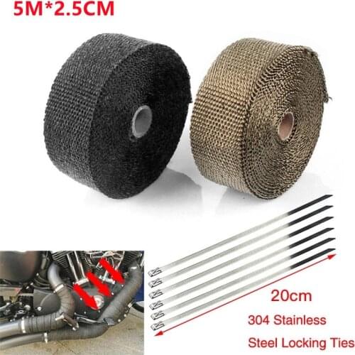 Exhaust Heat Wrap Thermal Tape Fiberglass Heat Wrap Manifold Insulation Roll Resistant with Stainless Ties 5M*2.5cm