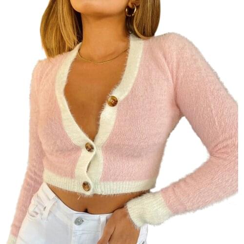 IMCUTE Womens autumn solid color stitching short knit sweater jacket fashion V-neck long-sleeved button cardigan sweater /F