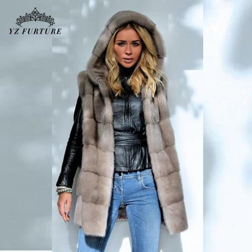 New Women All Natural Real Mink Fur Hood Vest Grey Sleeveless Design Outer Clothing Length 80cm Fashion Casual Coats 2021 Winter