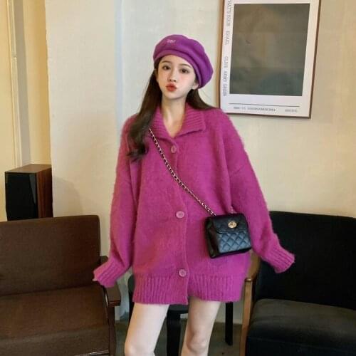 Autumn Winter Raspberry Pink Knitted Oversize Cardigan Sweater Women Single Breasted Fuzzy Crochet Outerwear Female
