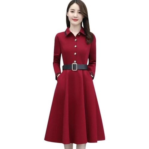 2020 Fashion Womens Plus Velvet Long-Sleeved Dress Autumn Winter Slim Belt Solid Color Buttons A-Line Dresses Plus Size KW343