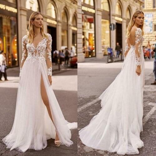 Beach Wedding Dresses V Neck Lace Appliqued Long Sleeve Sexy Split Bride Gowns Свадебное Платье Vestido De Noiva Casamento