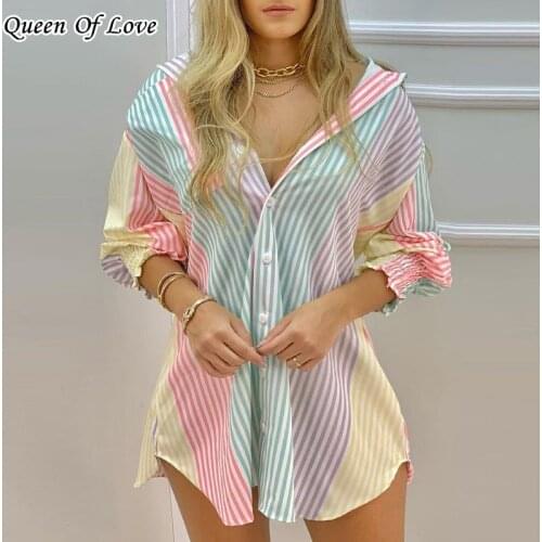 2021 Summer Fashion Colorful Striped Mini Shirt Dress Women Loose Half Sleeve Single Breasted Button Streetwear Blouse Dresses