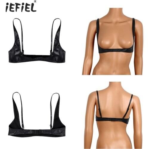 Womens Sexy Lingerie Faux Leather Bras Nightclub Wear Adjustable Wire-free Shelf Open Cup Bra Exposed Breasts Nipples Erotic Bra