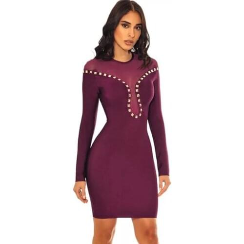 BANDAGE Sexy Wine Red Mesh Rivet Women Bandage Dresses Long Sleeve Bodycon Vestidos New Arrivals Club Wear Party Dress