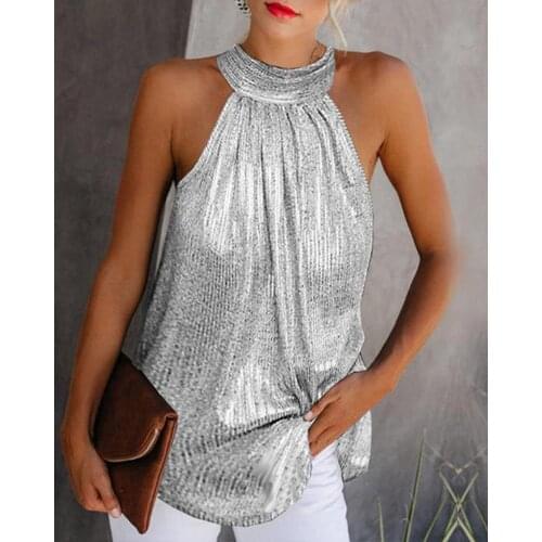 2020 Women Sexy Elegant Basic Shirt Female Sleeveless Party Metallic Halter Neck Sleeveless Top