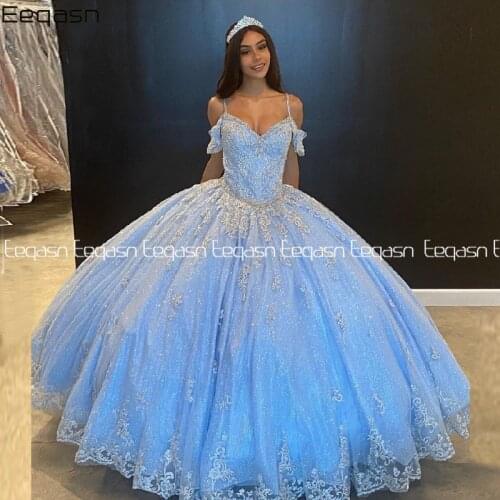 2021 Blue Sweet 16 Quinceanera Dresses For Girls Sparkling Lace Lace-up Ball Gown vestidos de 15 años Prom Dress Custom