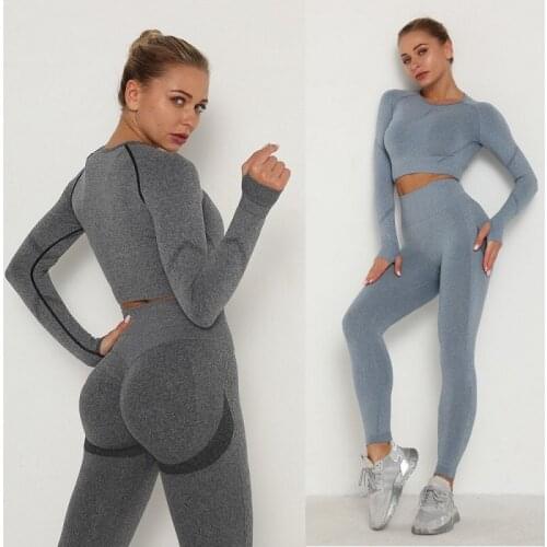Seamless Yoga Set Women Active Wear 2 Pcs Sports Suit Fitness Long Sleeve Crop Top High Waist Workout Leggings Tracksuit Gym Set