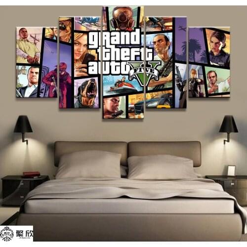 Home Decor Poster HD Pictures Prints Canvas 5 Piece Modular GTA 5 GAME Living Room Art Decorative Painting Framed Poster