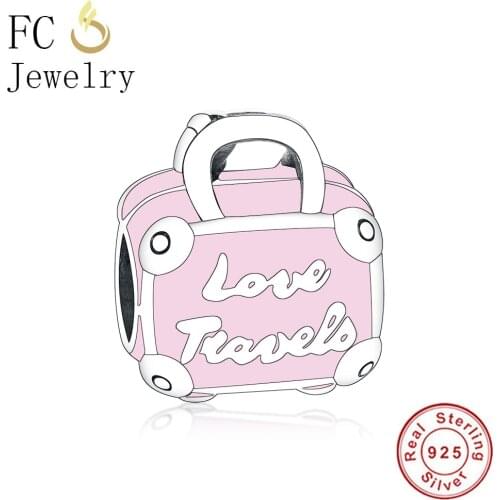 FC Jewelry Fit Original Brand Charm Bracelet 925 Silver Pink Enamel Luggage Bead Making For Women Travel Bag Handbag Berloque