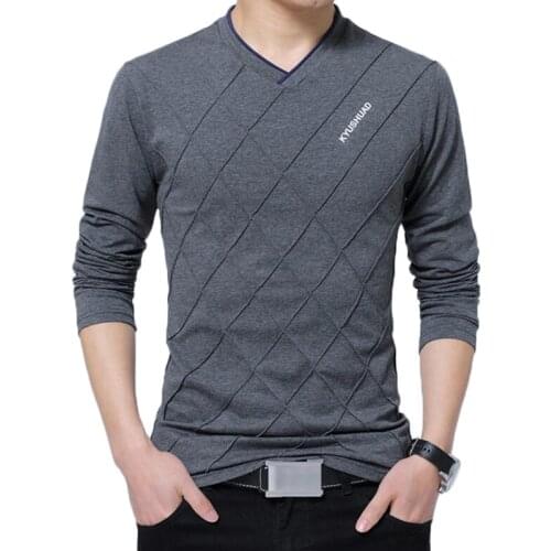 Long sleeve T-shirt Mens Casual V-neck Stripe Design Cotton T Shirt Camisetas Men Fashion Spring Autumn Solid Color Tshirt