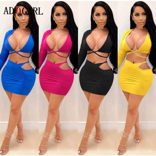 Adogirl 2 Piece Set Women Long Sleeve Crop Top + Skirt Sets Sexy Evening Party Outfits Fashion Streetwear Summer Sweatsuits