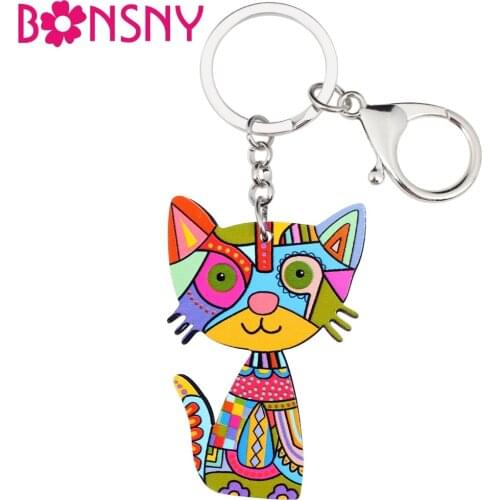 Bonsny Acrylic Anime Cartoon Colorful Cat Kitten Key Chains Keyrings For Women Girl Ladies Purse Car Handbag Pets Charms Gift
