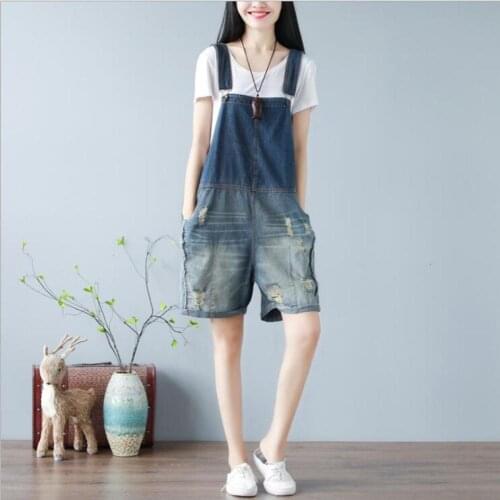 Summer Womens Distressed Scratch Washed Jeans Gradient Ripped Denim Strap Shorts Jumpsuit