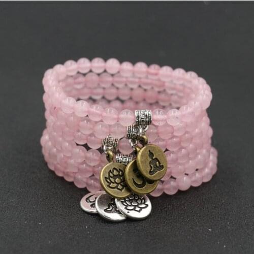 Minimalism 6 Styls Pink Quartz Stone 6mm Beaded Charm Bracelets Couples Lotus Buddha OM Yoga Bracelets For Women Bileklik