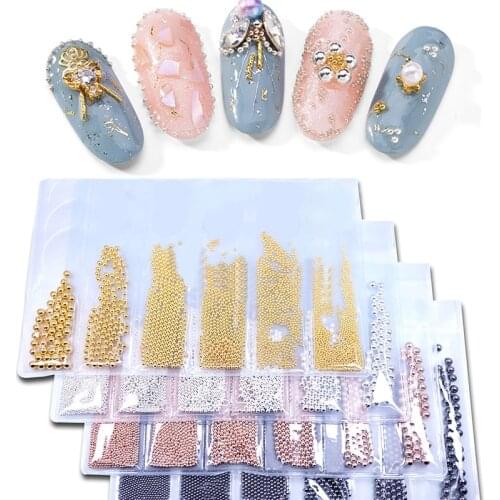 Mix-Size(0.8MM-3MM) Nail Art Bead Rhinestone 1 Sheet(6 grid) Round Silver Rose Gold Gun-Color Bead Nail Tip Bead Accessory Decor