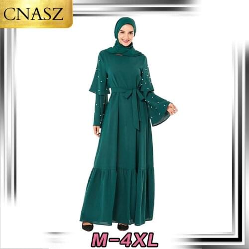 Muslim Dress Middle Eastern Fashion Dress Beaded Belt Flare Sleeve Skirt Islamic Turkey Elegant Kimono Dubai Pakistan Moroccan