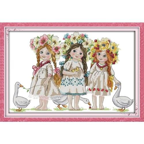 Three Girls Wearing Garland Count Canvas Printed Cross Stitch DMC Cross Stitch Set 14ct 11ct Cross Stitch Kit DIY Embroidery