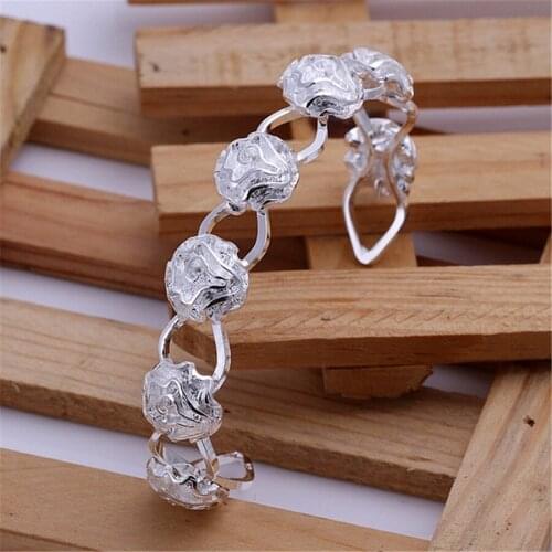 Charm 925 Sterling Silver rose flower bangle CUFF Bracelets for Women adjustable Fashion Party Gift Girl student wedding Jewelry