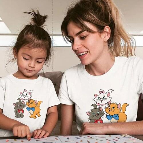 Disney Family Clothing Graphic T Shirts Marie Cat Mother and Daughter Tshirt Femme Short Sleeve France Street Ulzzang Fashion