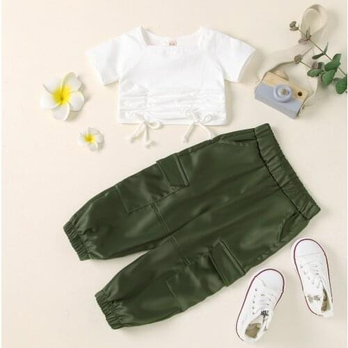 2Pcs Toddlers Girl 12M-5T Summer Tracksuits Solid Color Square Neck Short Sleeves Crop Tops + Cargo Pants Suit for Girls