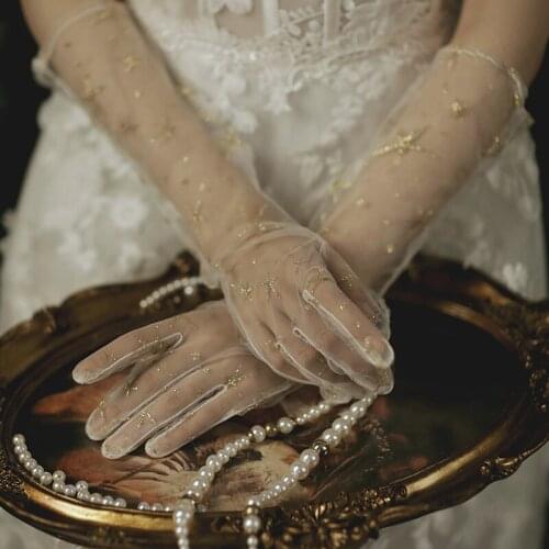 Wedding Gloves Mid Length Transparent Tulle Gloves Wedding Dress Gloves Spray Gold Photo Shoot Studio Bridal Gloves