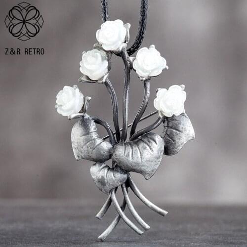 Vintage Flower Pendants Jewelry Long Necklace for Women White Pink Beautiful Plant Black Rope Suspension Chains Choker Jewellery